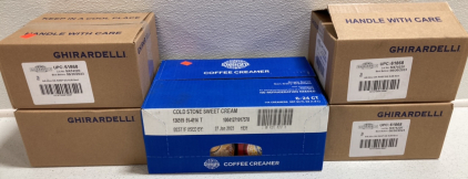 (4) Boxes Of Ghirardelli Raspberry Dark Chocolates, Box Of International Delight Coffee Creamer