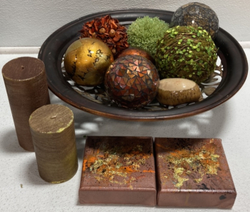 Metal Decor Bowl w/ Decorative Balls, (2) Candles, (2) Small Canvas Paintings