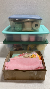 (3) Storage Bins of Yarn and String, Box of Assorted Fabric