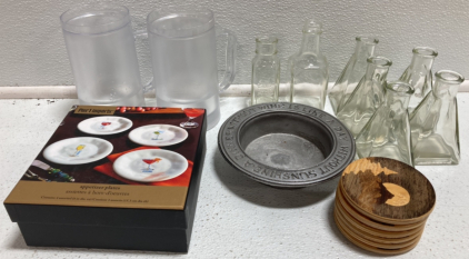 (2) Freeze Cups, (7) Unique Shaped Vials, Metal Dish, (6) Wood Coasters, Set of 4 Cocktail Plates