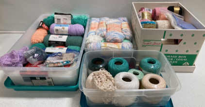 (2) Storage Bins Of Assorted Yarn, (2) Boxes Of Assorted String