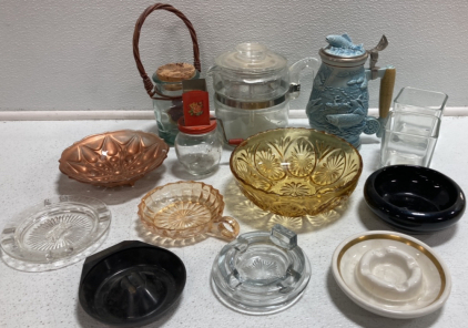 Fish Stein, Assorted Ashtrays, Yellow Glass Bowl, Candles Holders, Nut Grinder, And More