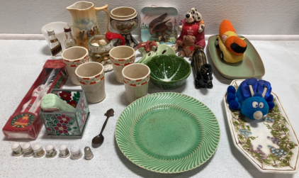 Vintage Home Decor: Ceramic Pots And Plates, Thimbles, Goblet, Dog Desk Organizer, Santa Mug, And More