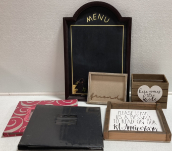 Menu Sign, “Bride” Box, “Friends” Pin Board, “Anniversary Message” Sign, (2) Photo Albums