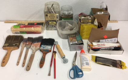 (7) Paint Brushes (2) Containers Of Screws And More