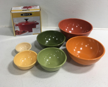 Bella 2.75 Quart Enameld Cast Iron Dutch Oven, (6) Muli-Colored Mixing Bowl (Various Sizes)