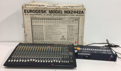 (1) Behringer Eurodesk MX24 24-channel 4-Bus Recording/Live Mixer (1) Behringer Eurodesk 150 Watt Power Supply