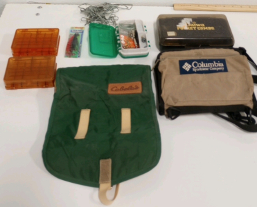 (1) Hot Lids Small Tackle Box With Tackle (1) Cabela's Fishing Pouch (1) Columbia Fishing Pouch (1) Metal Fish Stringer