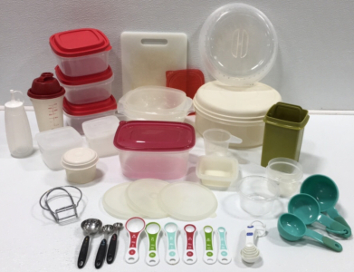 (8) Tupperware With Lids, Pickle Holder, Measuring Spoons, & More