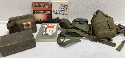 Military Canteen Belt, Military First Aid Kit, Military Goggles, 100 Battles Book, (2) Armed Forces Survival Books