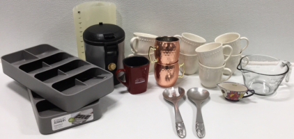 (11) Coffee Mugs, (2) Measuring Cups, (2) Cutlery Organizers, & More