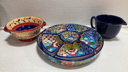 Painting Bowl, Painted Chip/Dip Tray, Blue Pour Cup