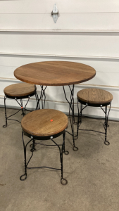 Metal Frame/Wood Top Breakfast Table w/ (3) Matching Stools