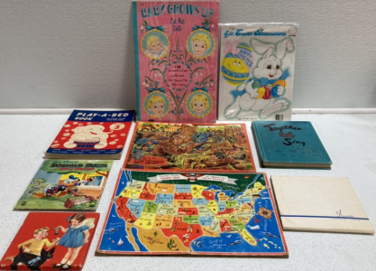 Vintage Kids Items: Baby Doll Cut Outs, Play-A-Bed Book, Donald Duck Book, (2) Puzzles, Song Book, Knitted Hat, Handkerchief