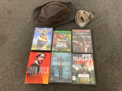 Leather Hat, Belt, And DVDs