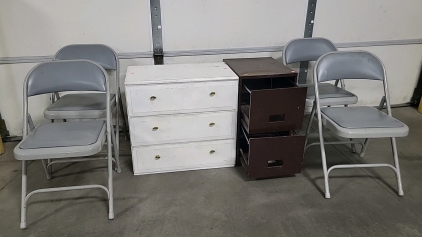 Metal Folding Chairs, Metal Filing Cabinet and Wood Dresser