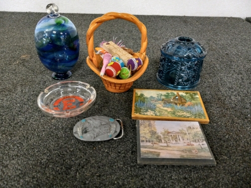 Lot Of Fancy Knick Knacks Ashtray, Table Basket, Beltbuckle And More