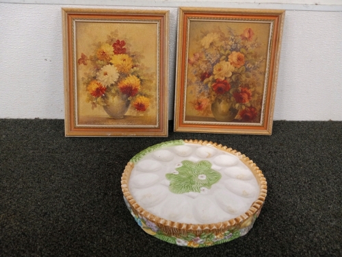 Lot Of Home Decor Easter Egg Tray With Small Frames Floral Paimtings