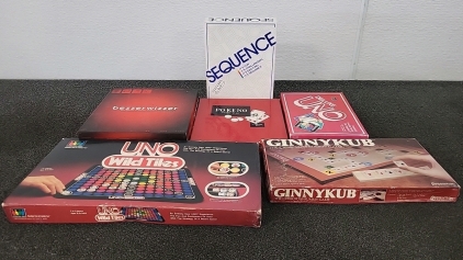 Bezzerwizzer, Sequence, Po-Ke-No, Delux Uno, Uno Wild Tiles, and Ginnykub Board Games