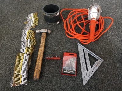 Lot Of Tools Hammer, Nails, Drop Light And More