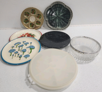 (3) Serving Plates, Snack Organizer, Glass Bowl, Cupcakes Pan, Marble Lazy Susan