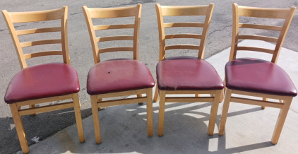 (4) Sturdy Wood Chairs With Red Leather Seats