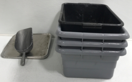 (3) Gray Tubs, (1) Black Tub, (1) Large Scooper, (1) Metal Tray