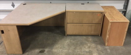 (1)Corner Desk With large File Drawers. (1)Small Wood Stand