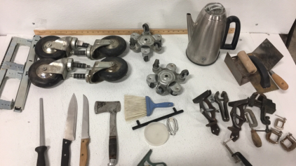 (1)GE Electric Kettle (2) Kitchen Knives (1) Hatchet (1) Honing Rod (4) Cart Wheels (4) Mini Dolly (2) Drawer Slides W/ Mounting Brackets (3) Drywal Hand Tools (9) various Small and Medium Clamps/Vice (1) Carpenters Level/Square Corner Tool (1) Hand Plane