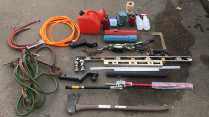 Axe with plastic Handle-(2) Leaves-2Gal Gas Tank, oxy acetylene hose gauges and cutter kit,Air Hoes attachments and more