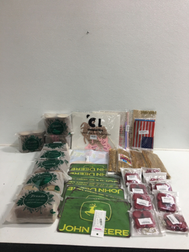 (8) Packs Of Wood Slice Decor, (15) John Deere Signs, (2) Party Decor, (4) Gold Pipe Cleaners, (9) Flower Petal Decor And More