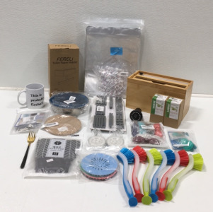 Ziplock Food Storage, (6) Dish Brushes, Rubber Gloves, (2) Label Holders, (4) Silicone Drain Covers