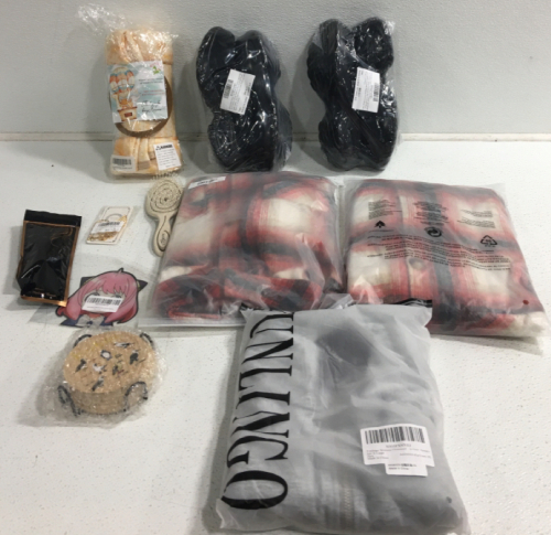 Womens Oversized Sweater, (2) Flannel Shirts, (2) Pairs Of Black Sneakers, Coasters, Baby Blanket And More