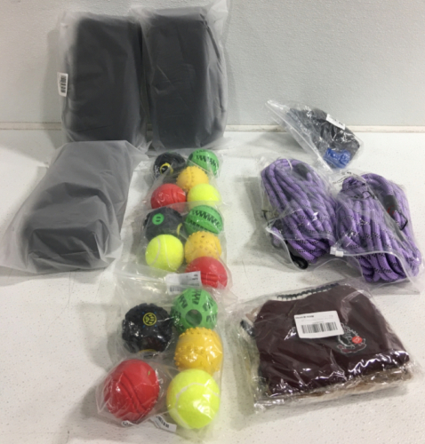 (3) Bags Of Assorted Dog Balls, (2) Purple Ropes, (3) Carrying Cases And More