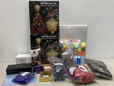 (2) LED Projector Christmas Tree Toppers, (2) Bags of Various Mini Toy/Fidgets, (1) Size Medium Spider Man, And More