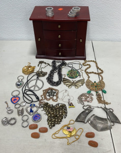 (1) Wooden Jewelry Box, (13) Various Necklaces, (8) Various Rings, (2) Keychains