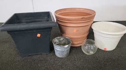 (3) Plastic Plant Pots, (1) Metal Plant Pot and Glass Potter