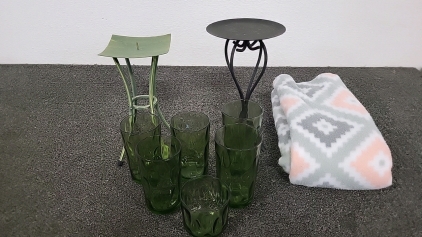 Green Drink Glasses, Candle Stands and Lap Blanket