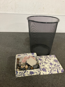 Metal Basket & Box Of Collectible Rocks