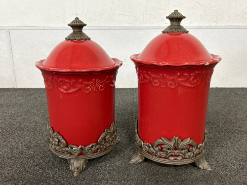 Pair of Chris Madden Cookie jars with Stands and Lids