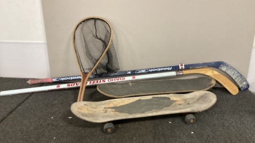 Skateboards, Hockey Sticks, & Net