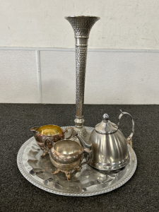 Silver Toned Tray, Teapot, Candleholder, and Dishes