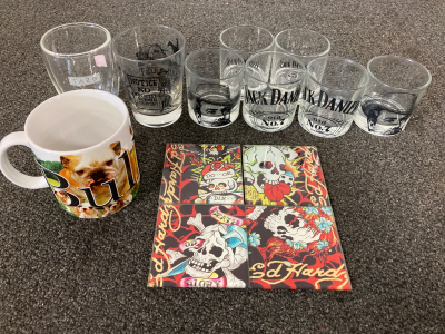 Lot Of Jack Daniel&rsquo;s And Tazo Glasses, Bull Dog Mug and More