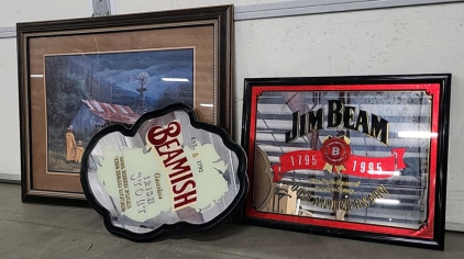 Jim Beam 200th Anniversary Mirror Sign, Beaming Irish Stout Mirror Sign and Painting