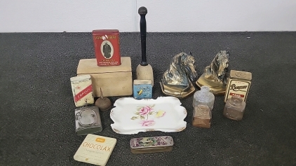 Vintage Butter Form with Press, Wheelock German China Plate, Vintage Brass Horse Head Book Ends and More