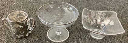 Antigue Footed Blown Glass Dishes Lot Of 3