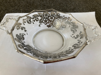 Vintage Candy Dish Hand Blown Glass W/ Silver Overlay