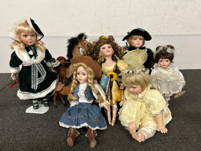 Collectible Porcelain Dolls and Two Horses