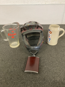 Bike Helmet? Glass Pitcher, Flask, Beer Mug