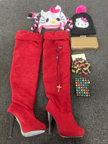 Lot Of Knee High Heels Size 5.5, 2 Hello Kitty Beanie, Coin Wallets And More